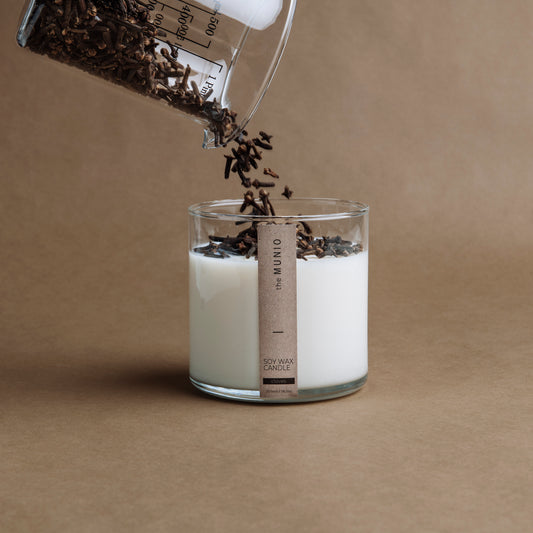 Nelken und Orangenkerze im Glaswindlicht